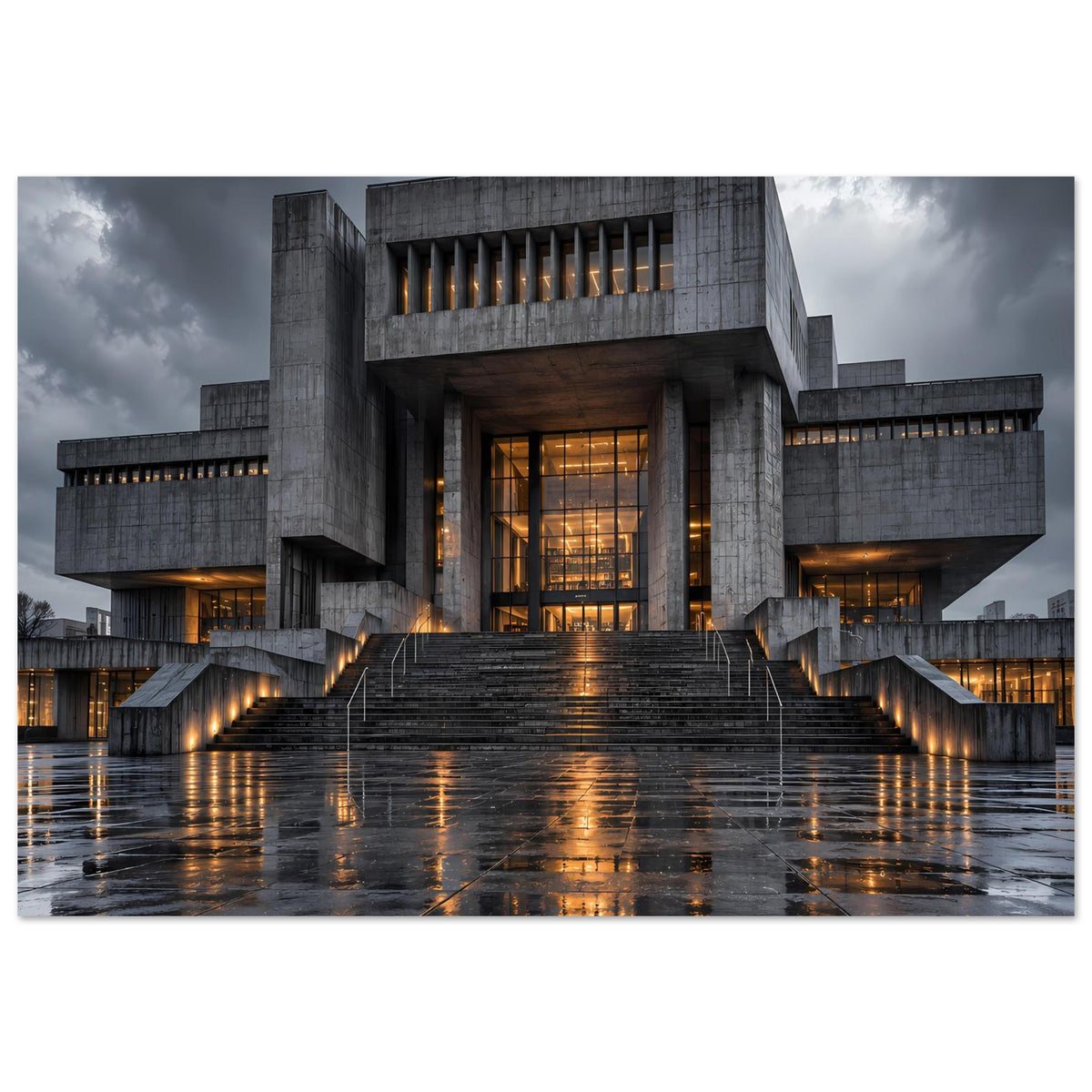 Architekturposter mit imposanter Betonarchitektur, warmen Lichtfenstern und Treppenstufen