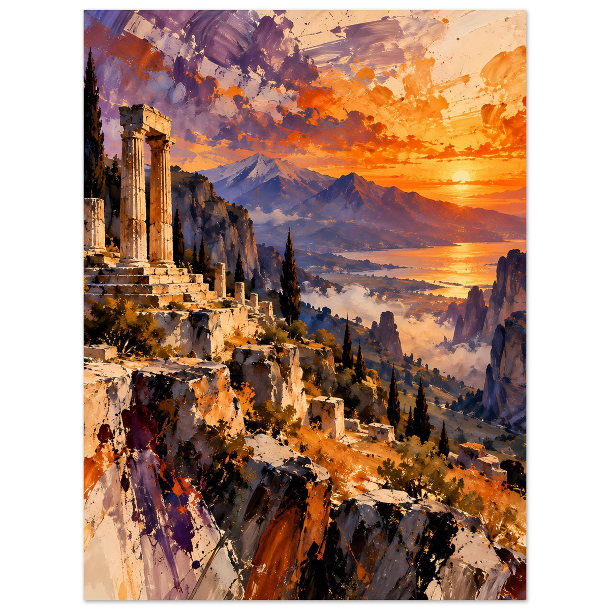 Vertikales Poster mit Tempelsäulen und Sonnenuntergang, kräftige Farbtöne