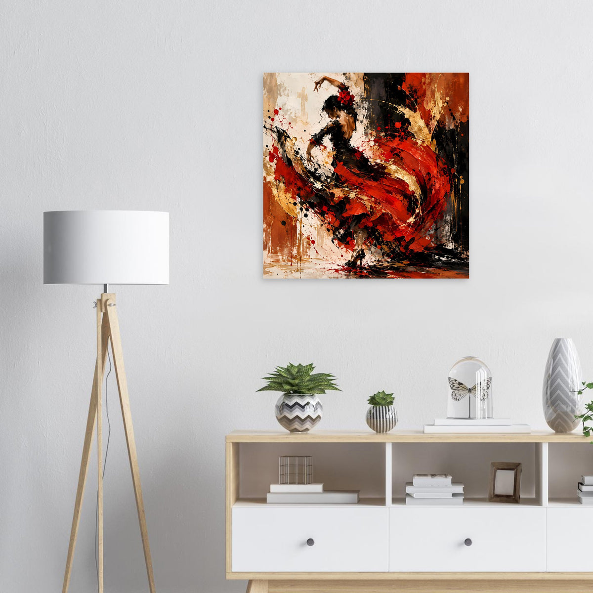 Poster mit abstrakter Flamenco-Tänzerin, rot-schwarzes Kleid, gemalte Spritzer