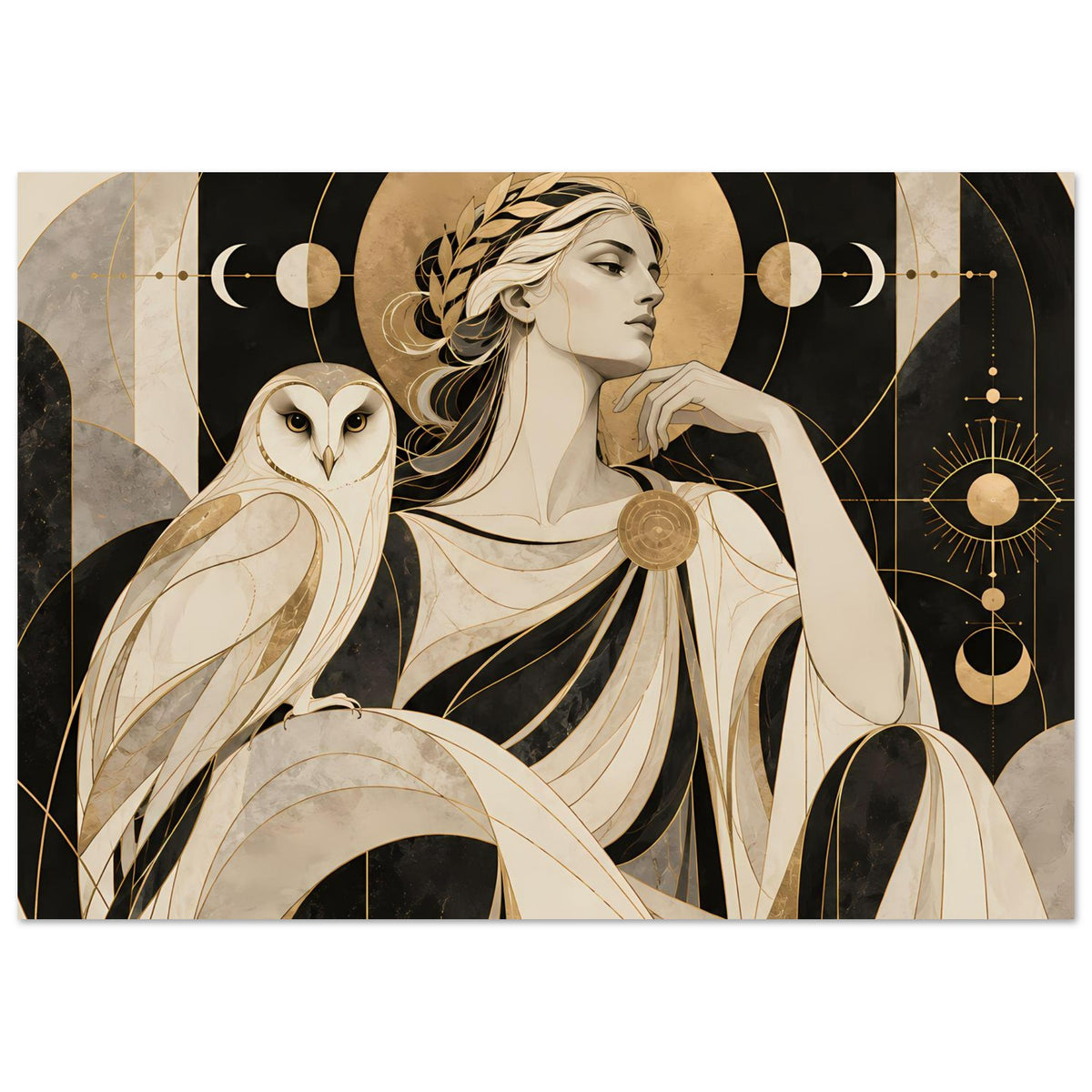 Kunstposter im Querformat: Frau mit Eule, goldene Ornamente, Kreis- und Strahlenmotive