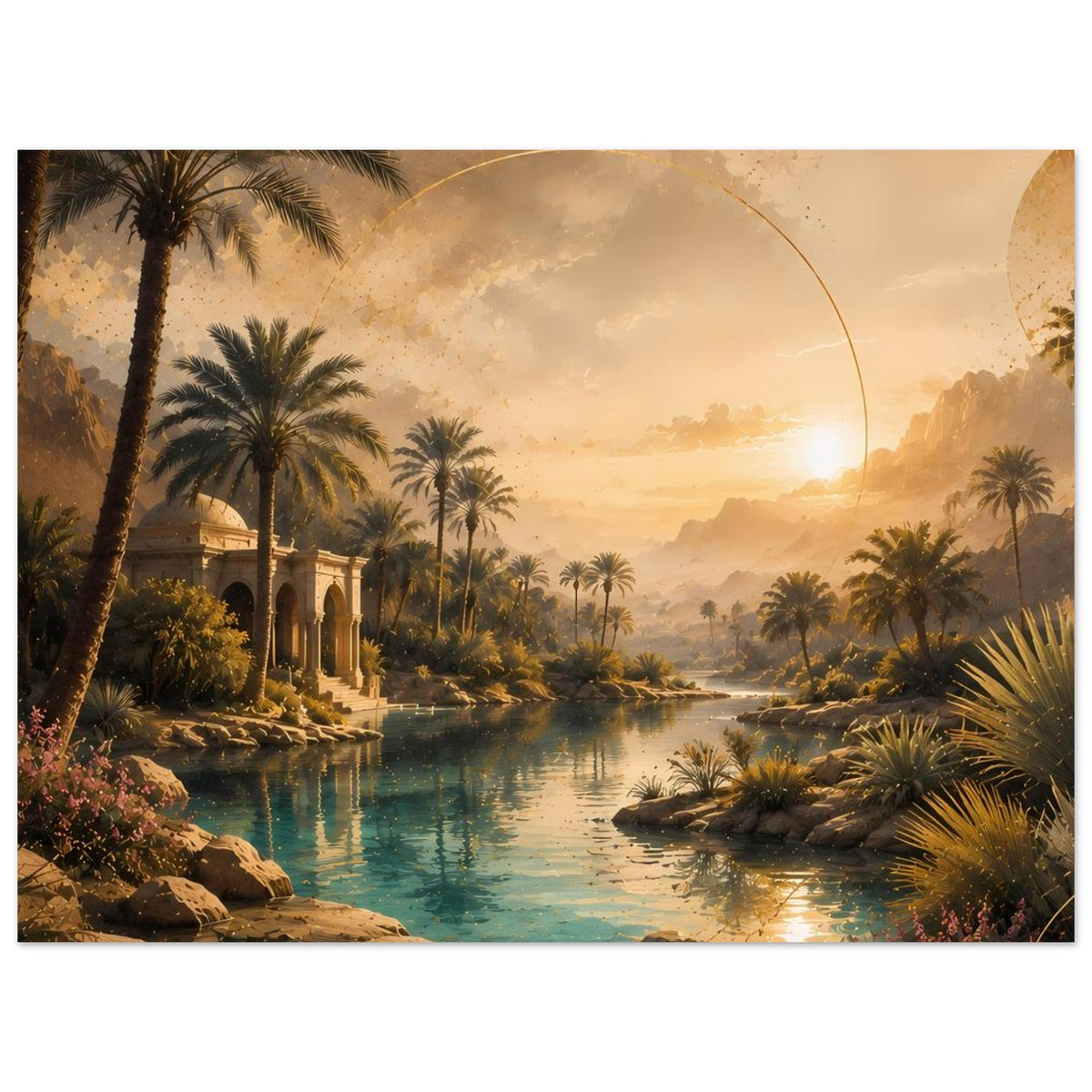 Horizontales Landschafts-Poster mit türkisfarbenem See, Palmen und orientalischen Bögen am Ufer