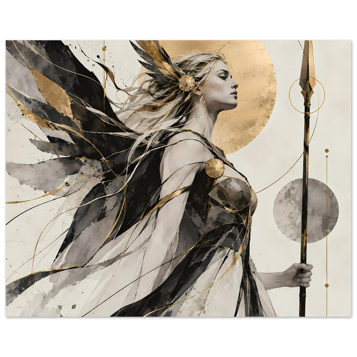 Kunstposter mit Kriegerin, Federkrone und goldener Kreisform, Stange mit Ornamenten am Rand