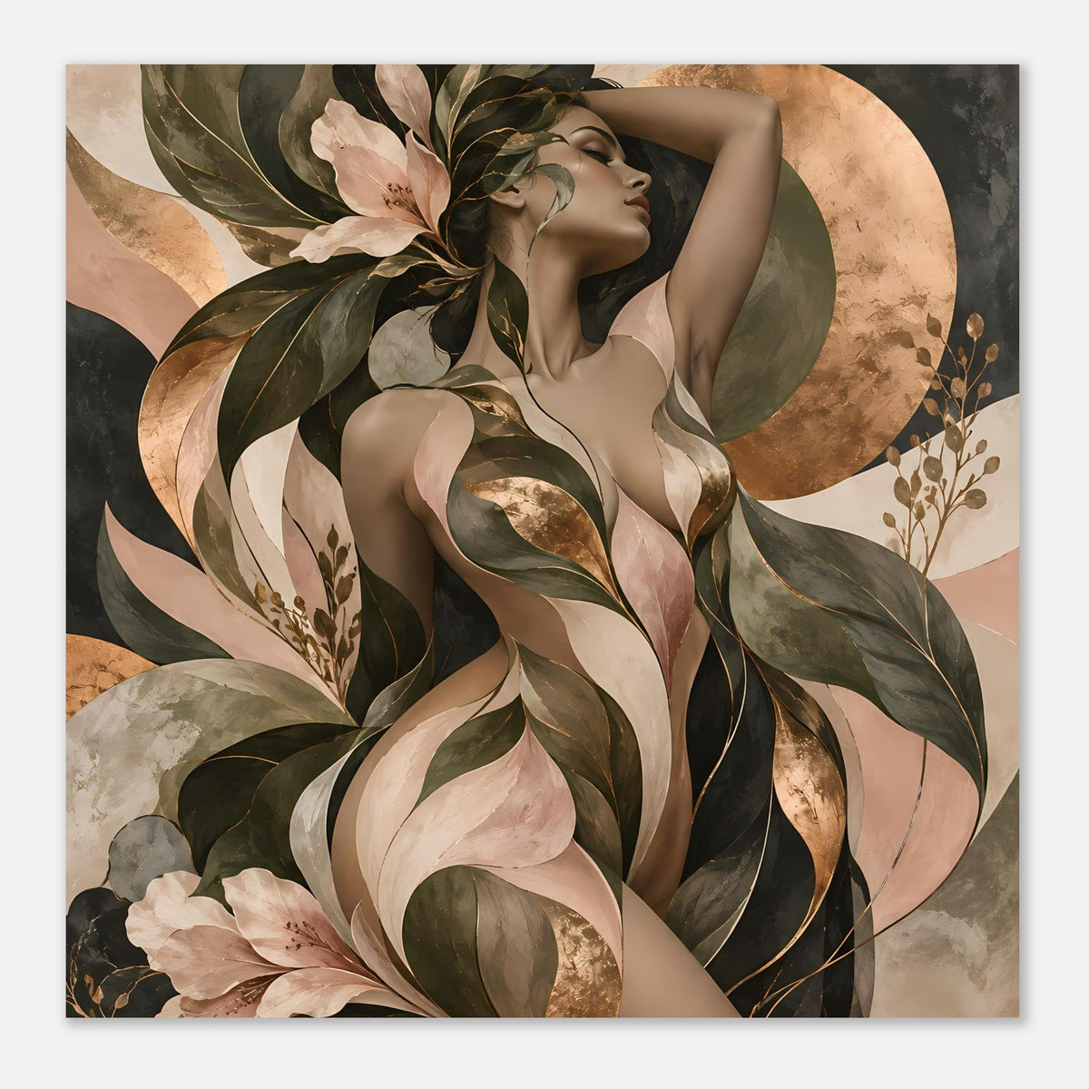 Poster mit Frauenakt, großes Blattbogen-Element, Beige/Grünbraun und Gold