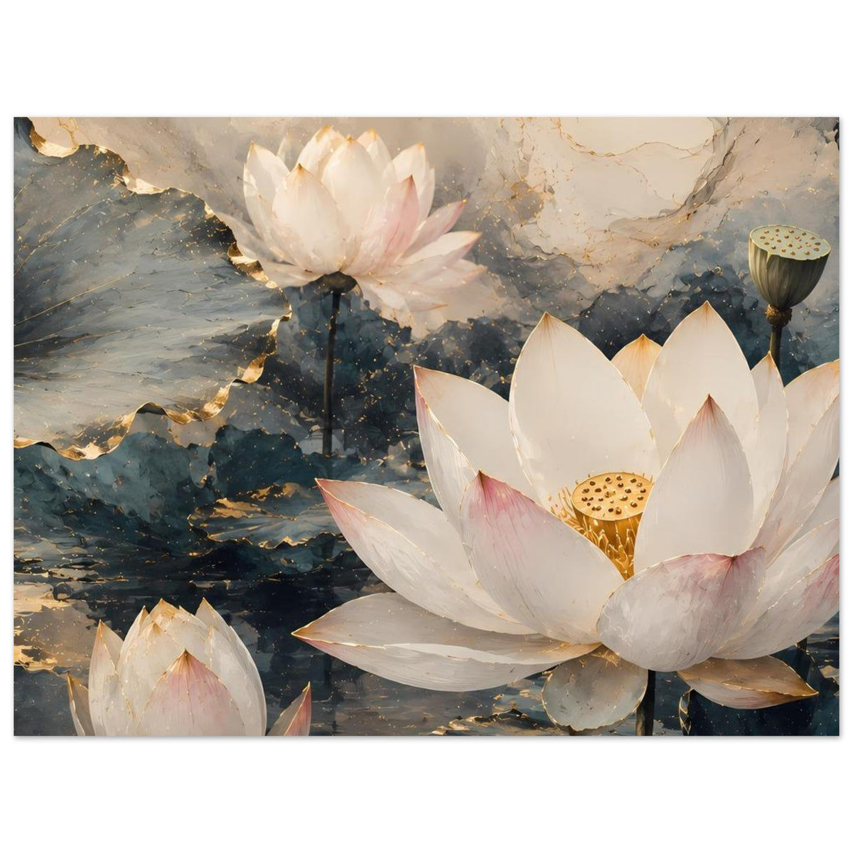 Lotusblumen-Poster mit weißer Seerose, rosafarbenem Farbverlauf und goldenem Innenmuster