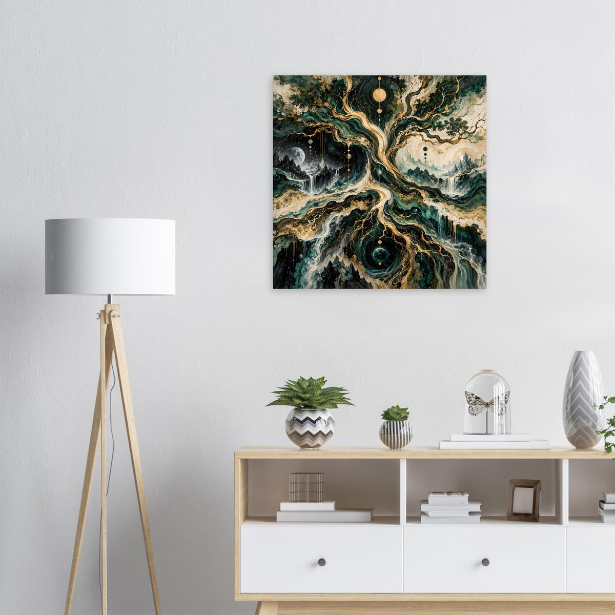 Gerahmtes Poster mit kosmischem Baum: leuchtende Kreise, blaugrüne Flächen, goldene Akzente
