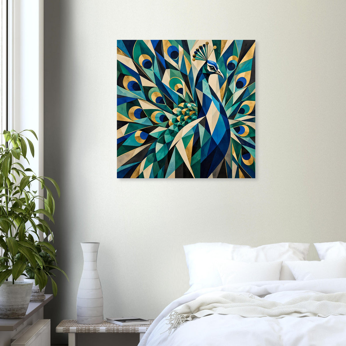 Geometrisches Pfauenposter mit blauem Federstern-Muster in Gold