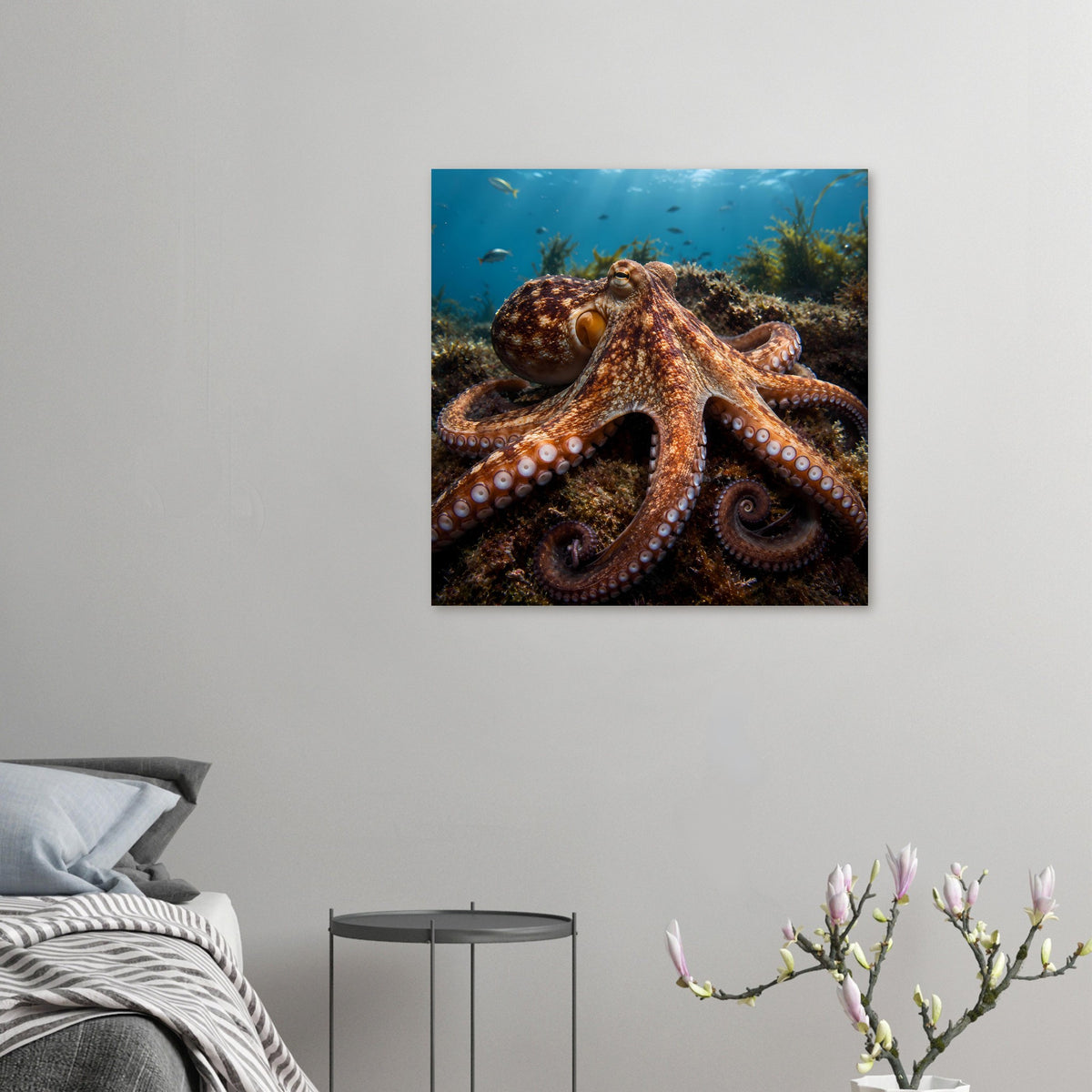 Kleines quadratisches Poster mit Oktopus im Unterwasser-Look, braun-orangefarbenes Motiv