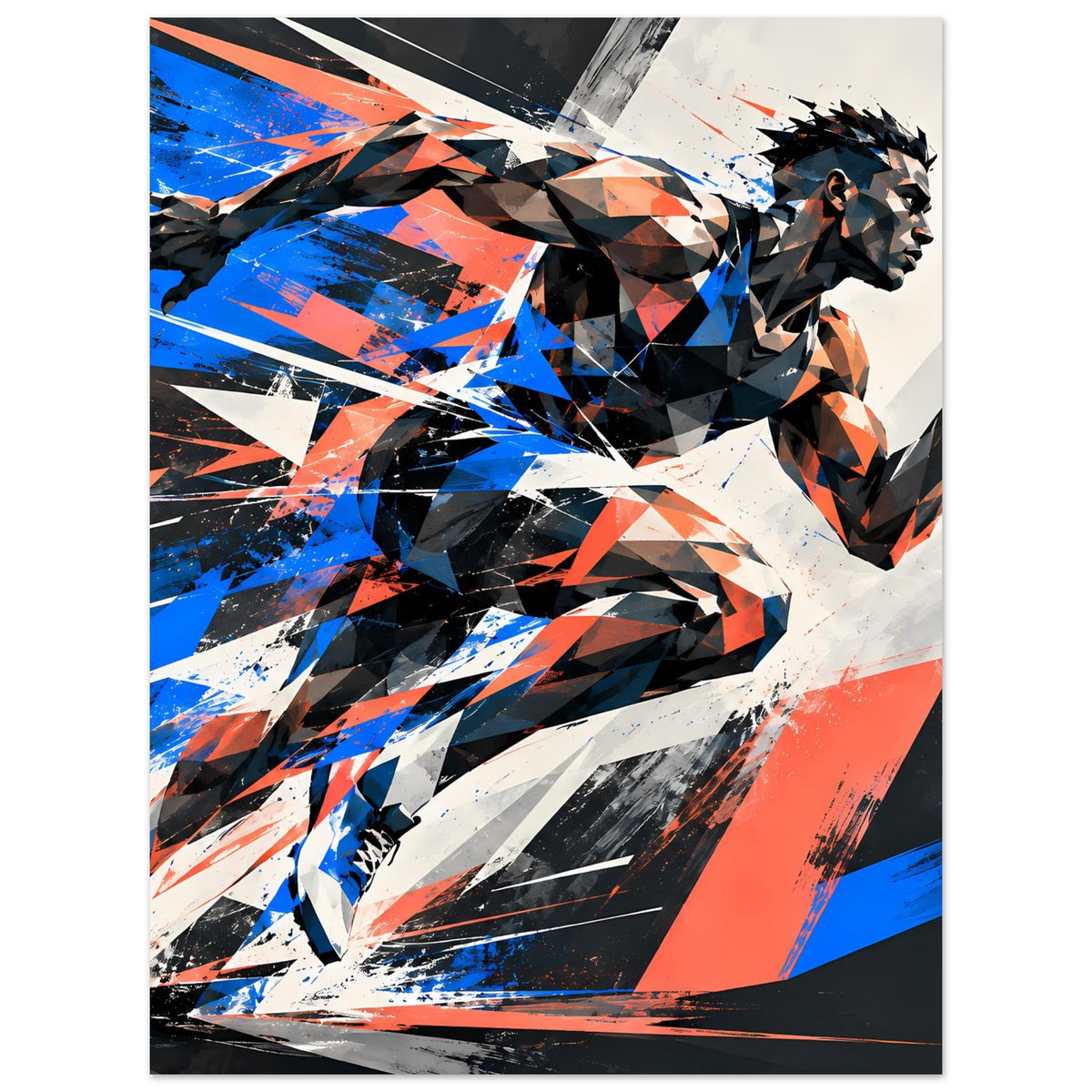 Dynamisches Poster mit abstraktem Sportlerprofil, kräftige Farben in Blau und Orange