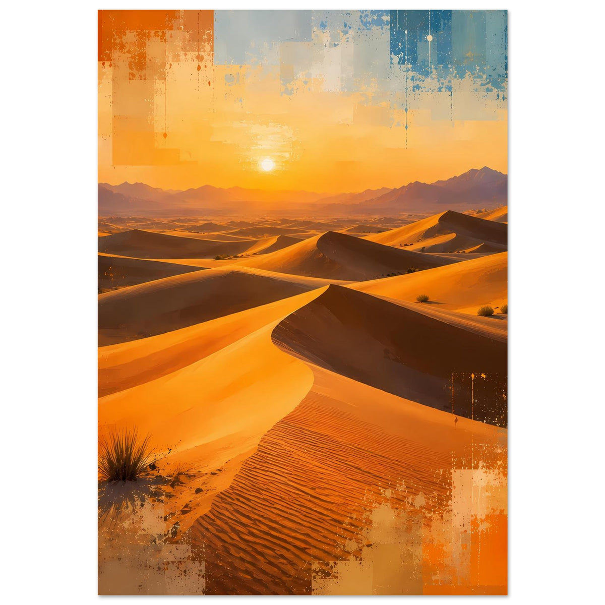 Wandposter mit Sanddünen bei Sonnenuntergang, warme Orange- und Brauntöne, abstrakter Farbauftrag