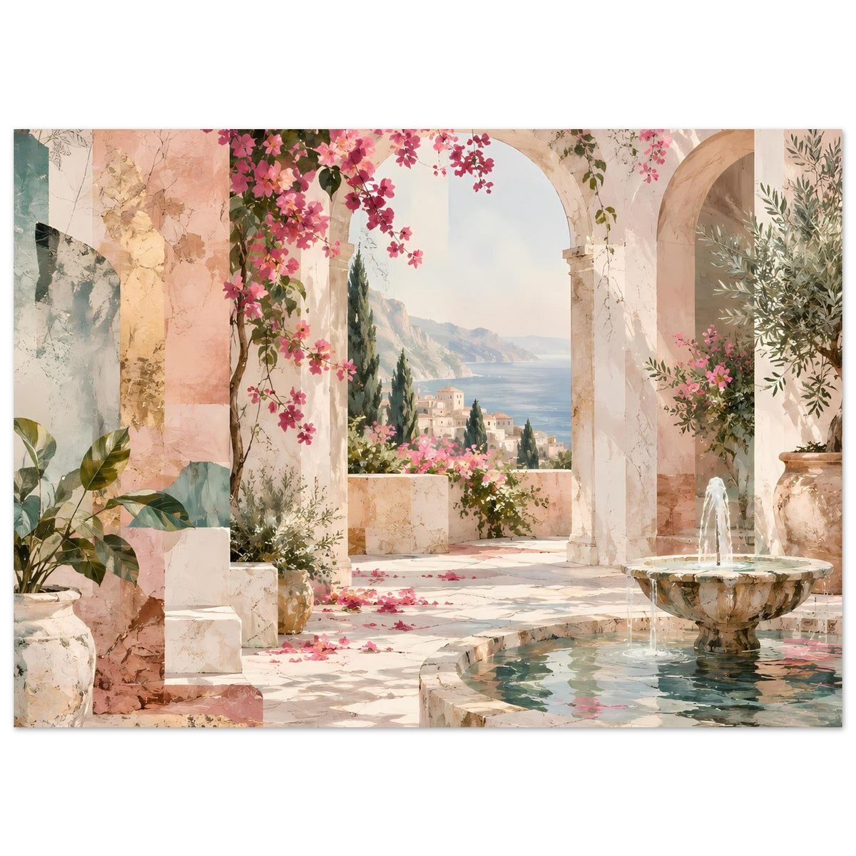 Kunstposter mit mediterranem Innenhof: Brunnen, Steinmauern, Bögen, pinke Blüten und Olivenzweige