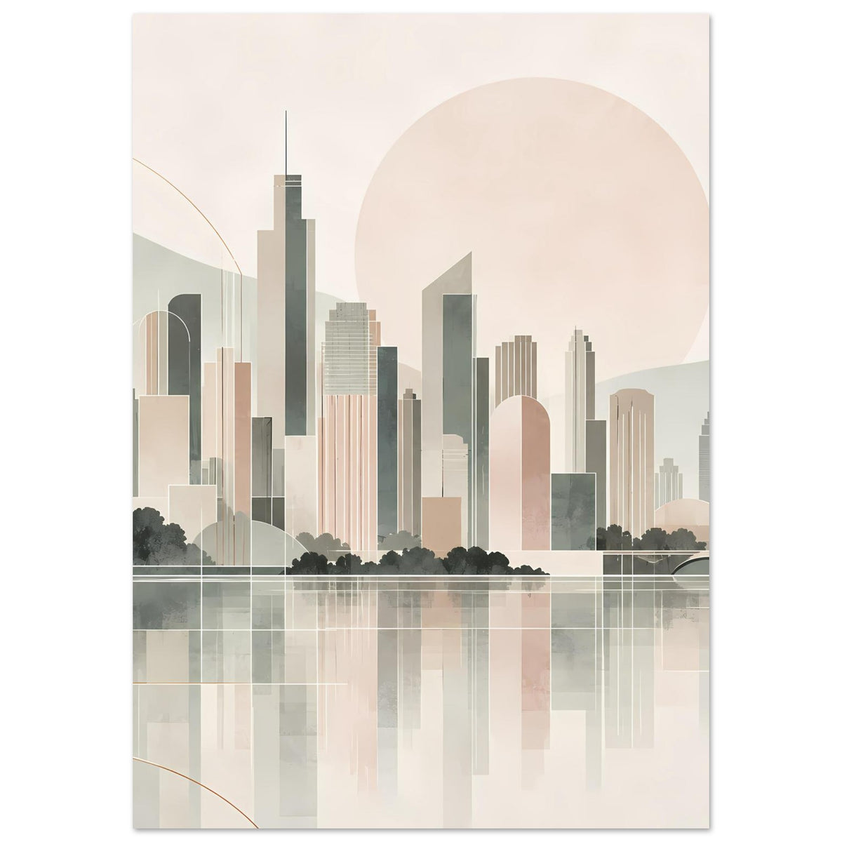 Stadtposter (hochkant) mit Skyline-Silhouetten in Pastell und großer Sonnenscheibe