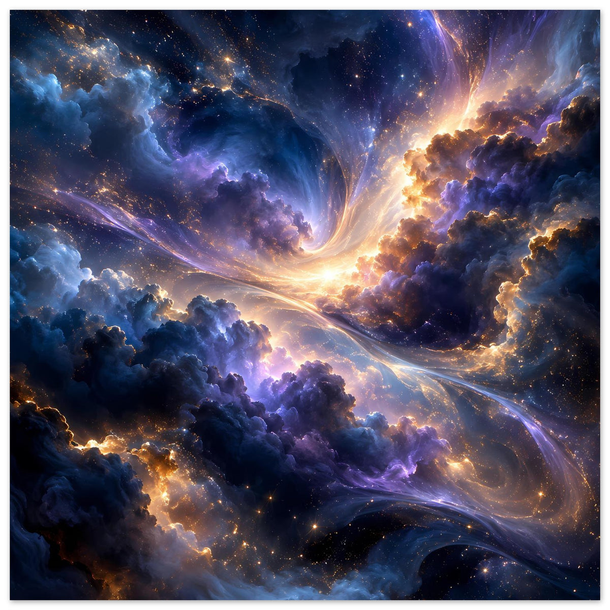 Galaxieposter auf Mattpapier: violett-blauer Nebel, Sterne und goldener Lichtwirbel