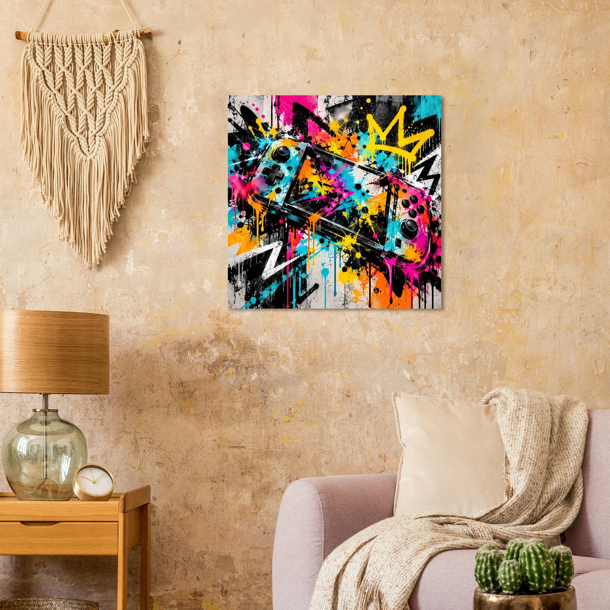 Graffiti-Gaming-Poster mit buntem Spray-Design und Controller-Motiv, Quadratformat.