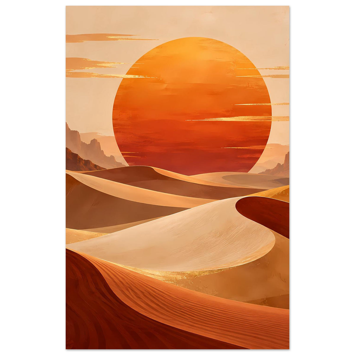Vertikales Poster mit Wüste: runde orange Sonnenfläche über geschwungenen Dünen
