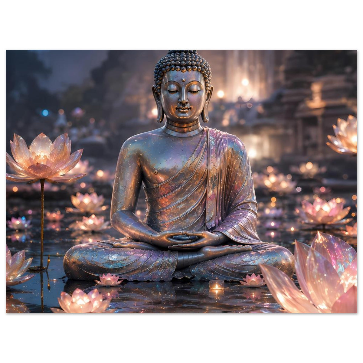Buddha-Meditationsposter: sitzender Buddha mit goldblauem Körper und leuchtenden Lotusblüten