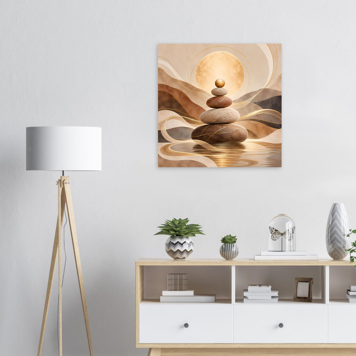 Wandposter mit balancierenden Steinen, Kreislicht und goldenen Wellen in Erdtönen
