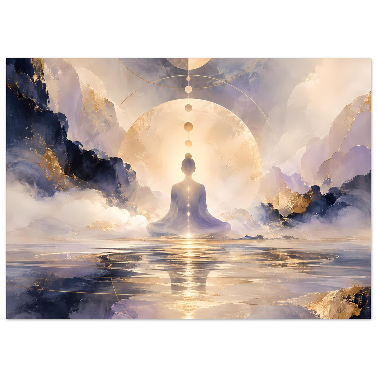 Horizontales Poster: Meditationsfigur zwischen goldenen Kreisen, Wasserfläche und Berge