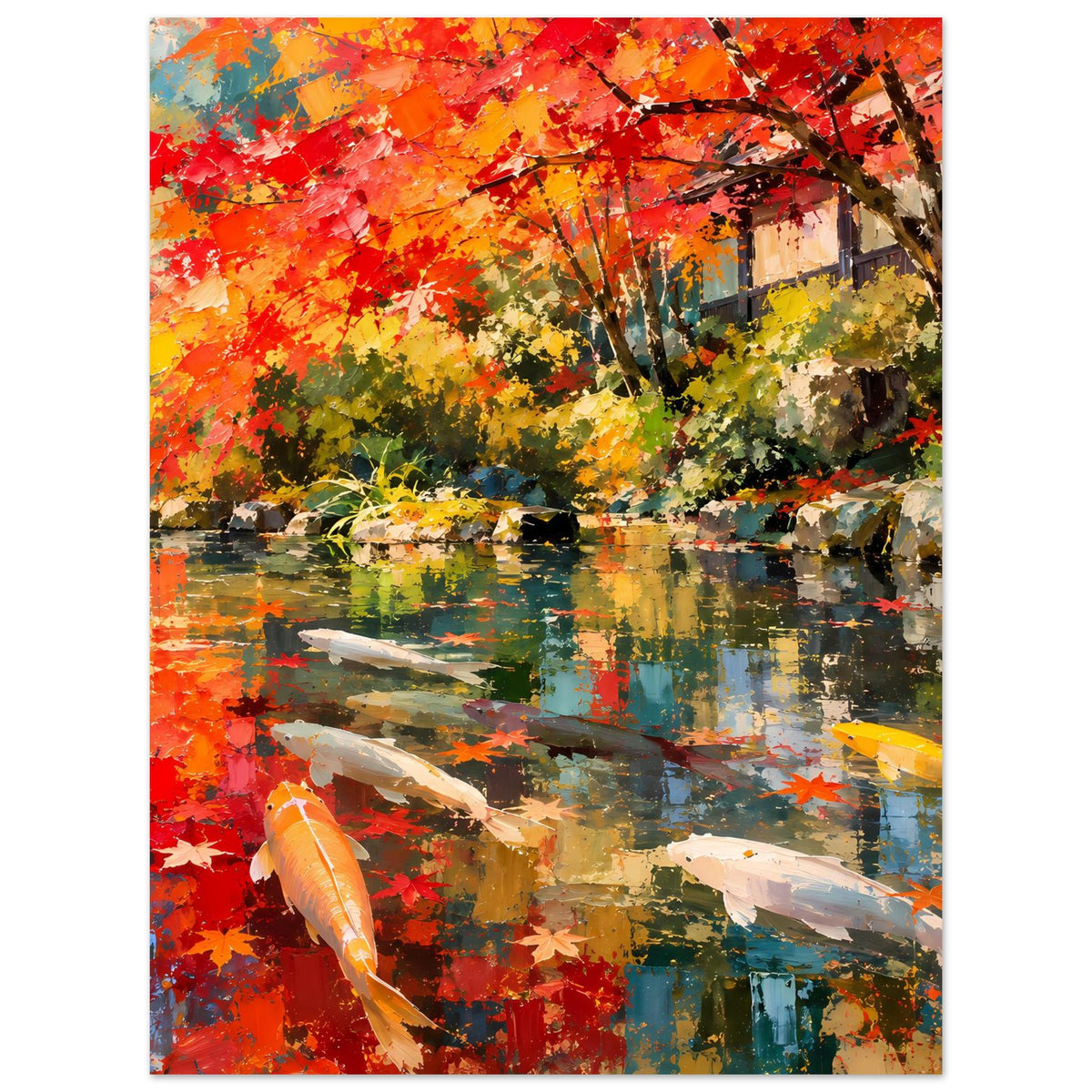 Kunstdruck: Koi-Fische im Teich, Herbstlaub und Reflexionen in warmen Rot- und Gelbtönen