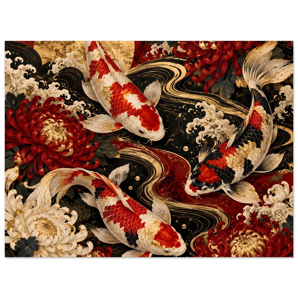 Koi-Karpfen-Poster mit rot-goldenen Blumen und Wellen, horizontales Layout