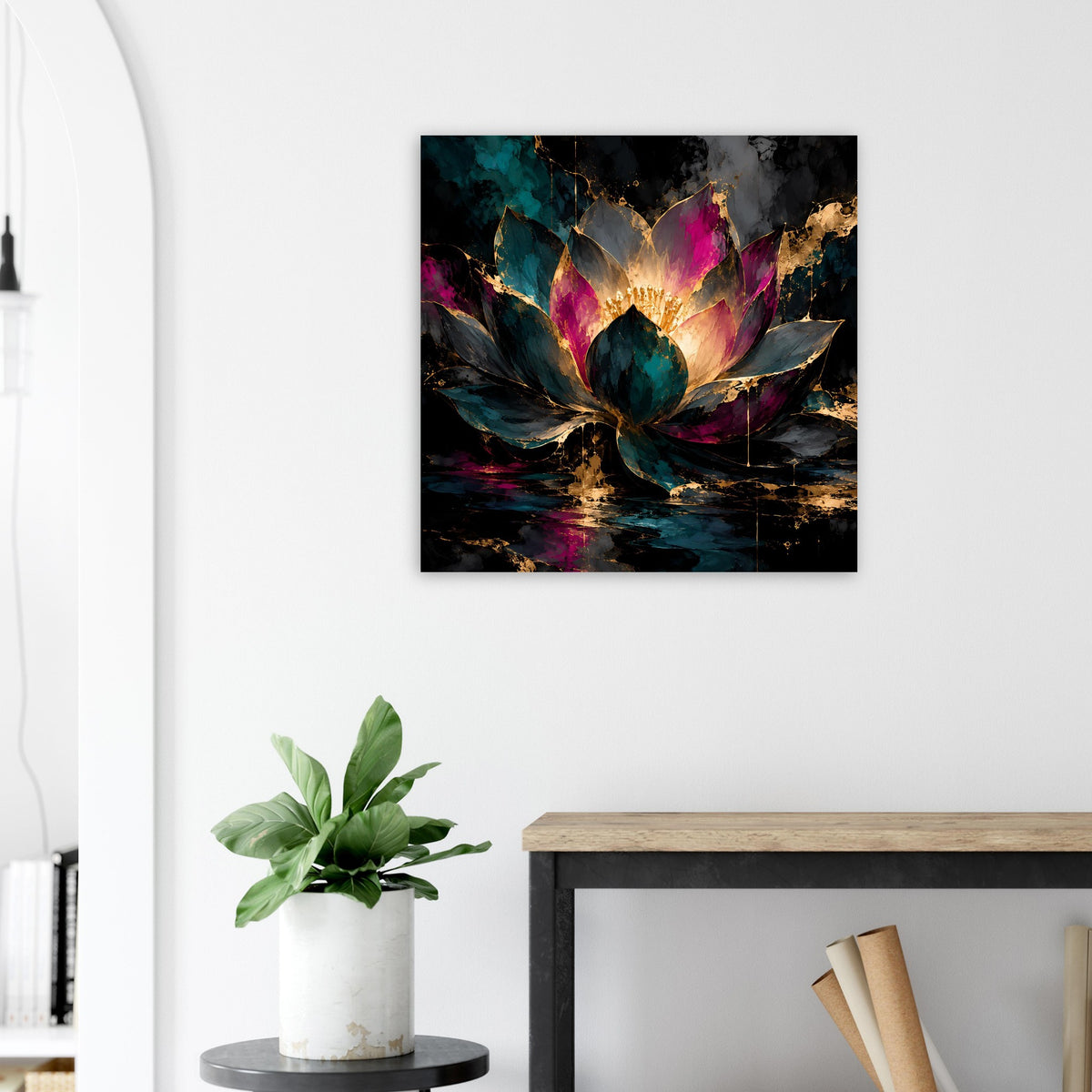 Kunstposter mit leuchtender Lotusblüte, violettem und türkisfarbenem Farbverlauf