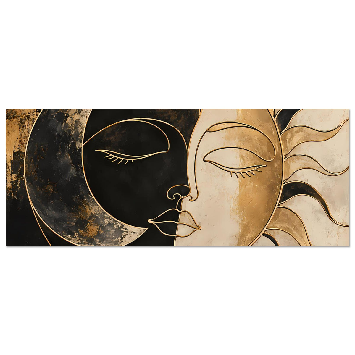 Kunstposter im Querformat mit Halbmond- und Sonnengesicht, goldene Linien, abstrakte Grafik