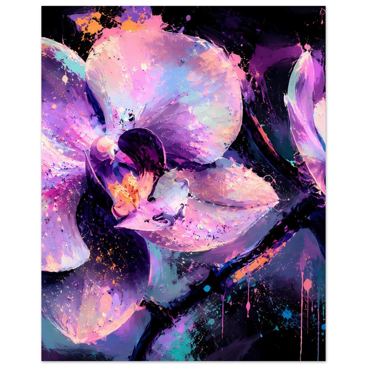 Neonkunst-Poster (Hochformat) mit abstrakten Orchideen in Violett und Pink, schwarzer Rand