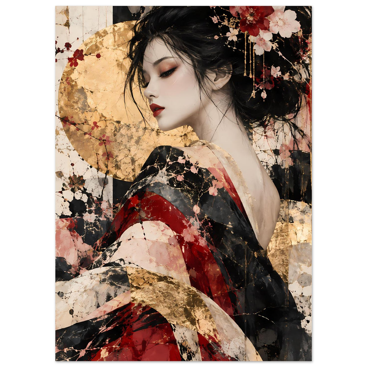 Asiatisches Kunstposter mit Frau im Kimono in Rot, Rosé und Gold