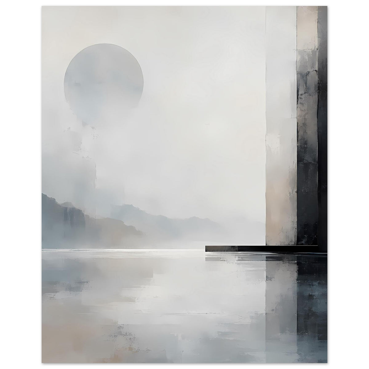 Monochromes Landschafts-Poster mit Halbsonne und nebligem Gebirge; dunkler Rand rechts