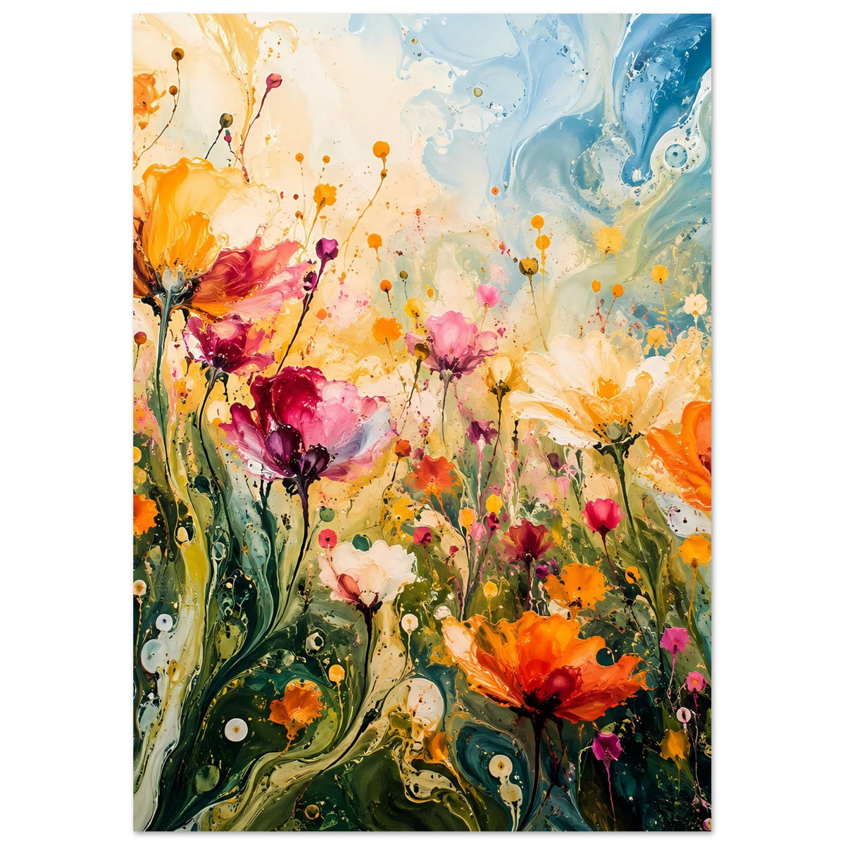 Abstraktes Blumenposter mit orange, pinken und violetten Blüten, grünen Stielen und Spritzern