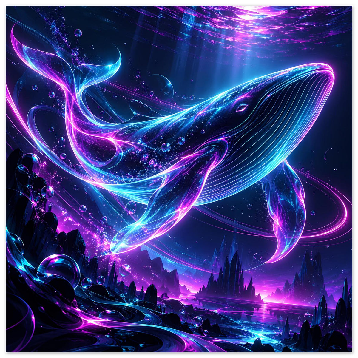 Quadratisches Neonposter mit Wal in Pink-Blau, Wassertropfen und leuchtenden Lichtbögen
