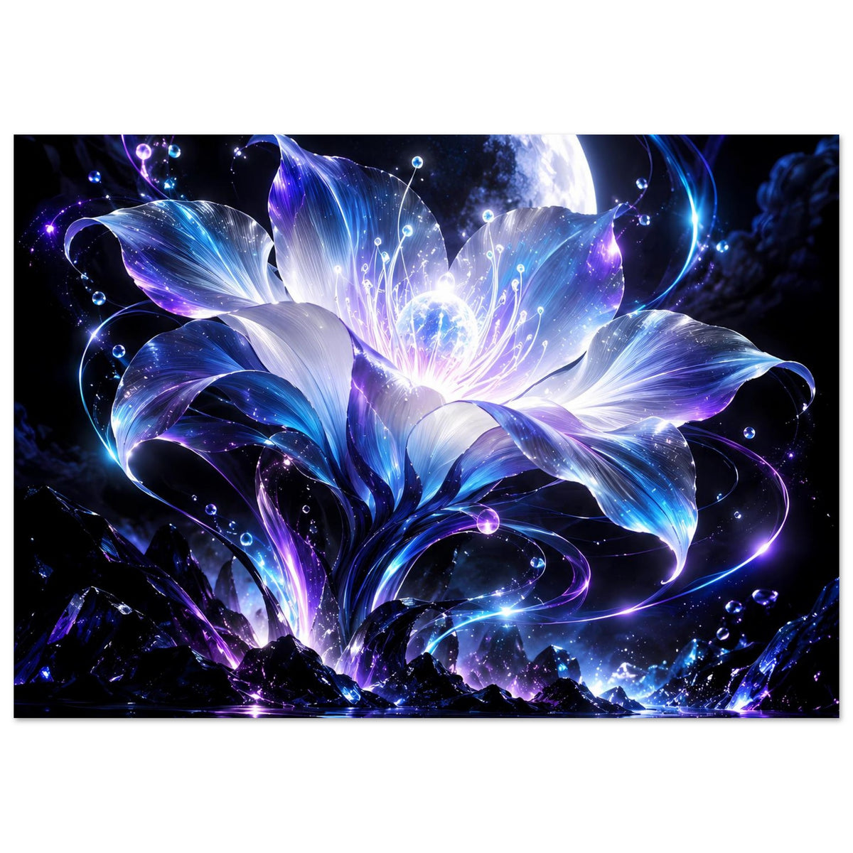 Poster, quer: blaue und violette Blüten vor Mond, glitzernde Kreise und Reflexe am Boden.