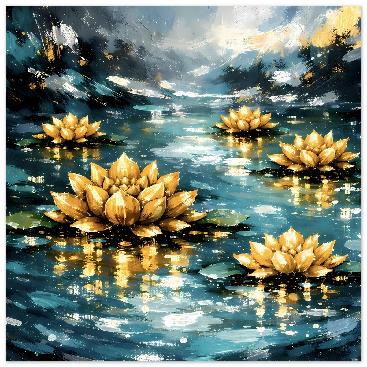 Poster mit goldenen Lotusblumen auf ruhigem Wasser, Wellen und Lichtreflexen