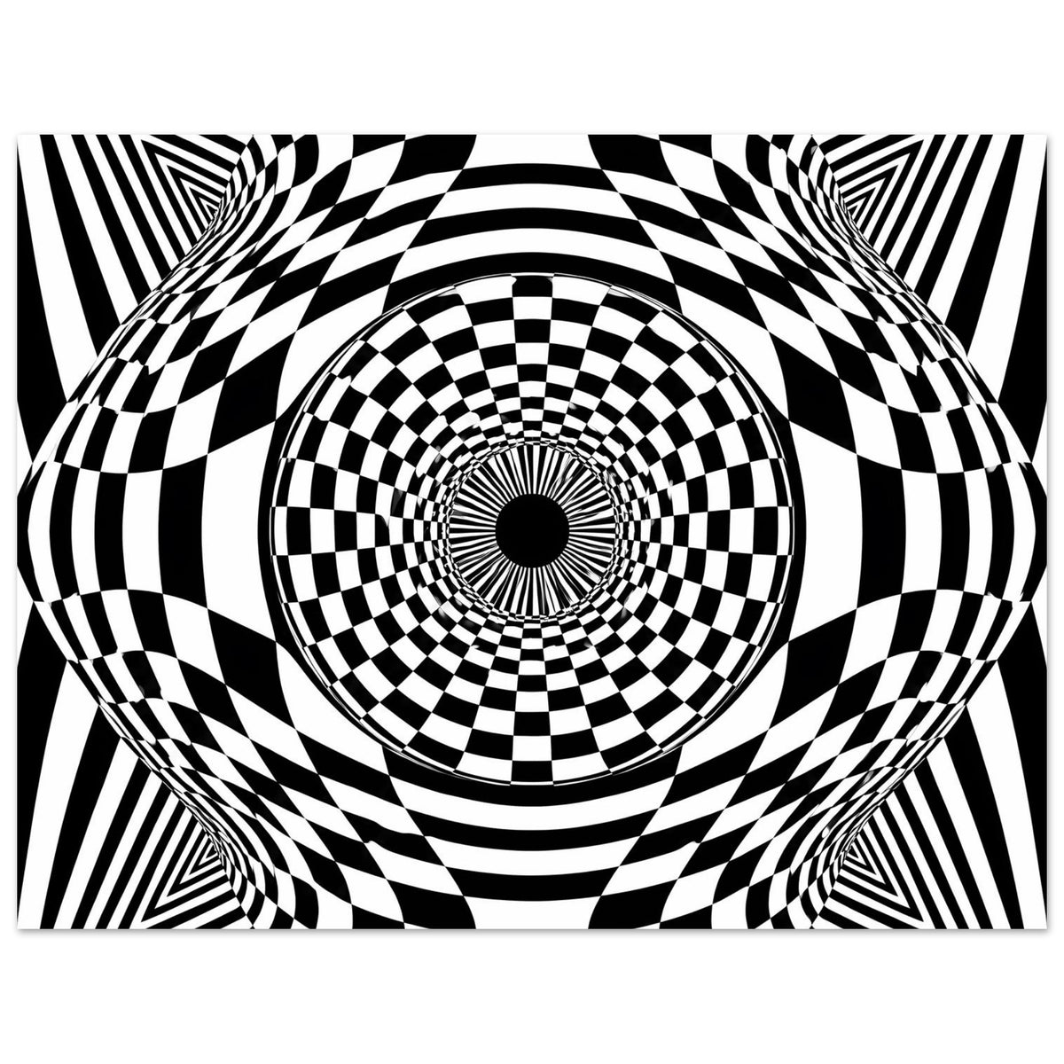 Horizontales Poster mit Schwarz-Weiß-Schachbrettkreis, konzentrischen Ringen und Spiraleffekt