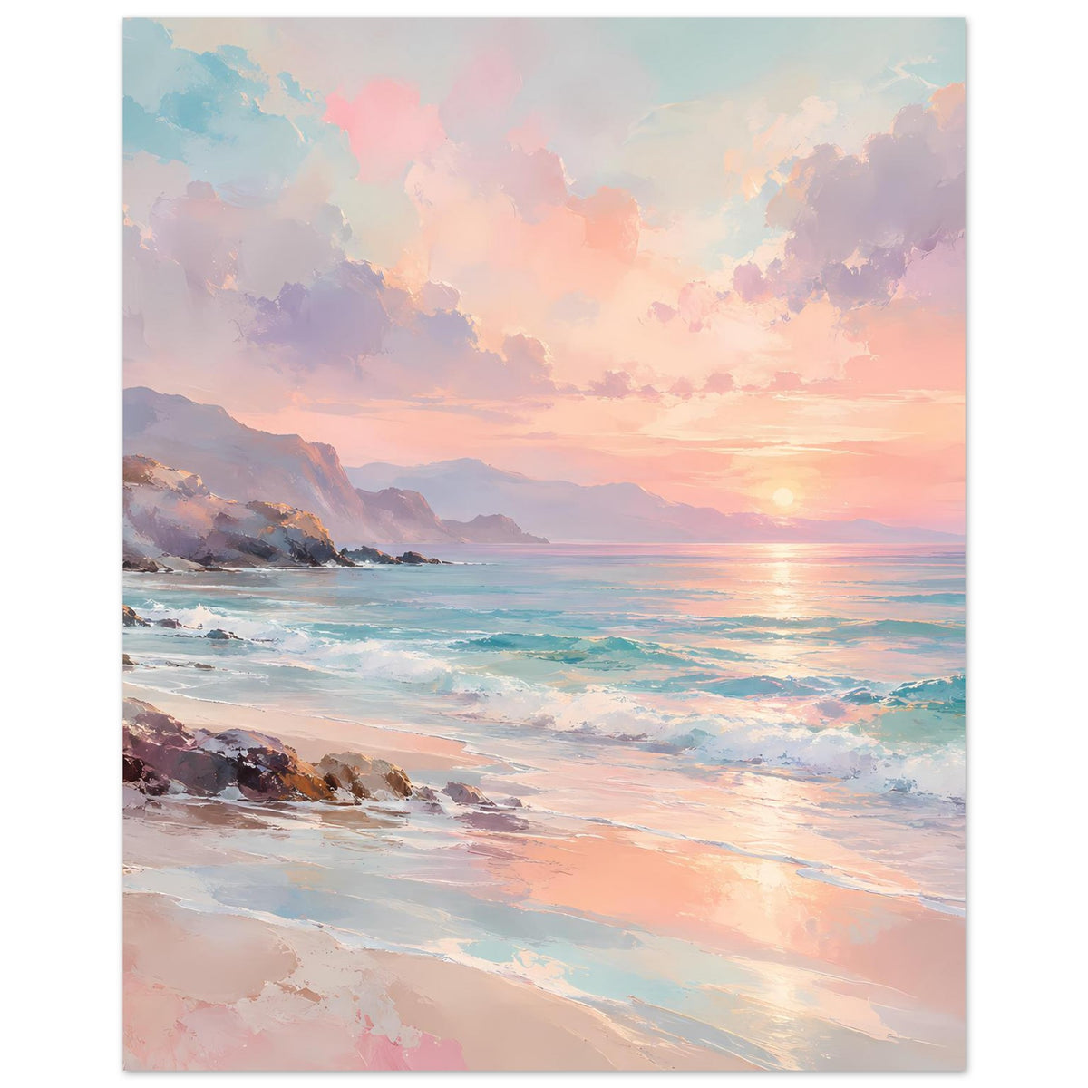 Poster mit Sonnenuntergang über dem Meer, pastellfarben, vertikal, Felsenküste und Strand