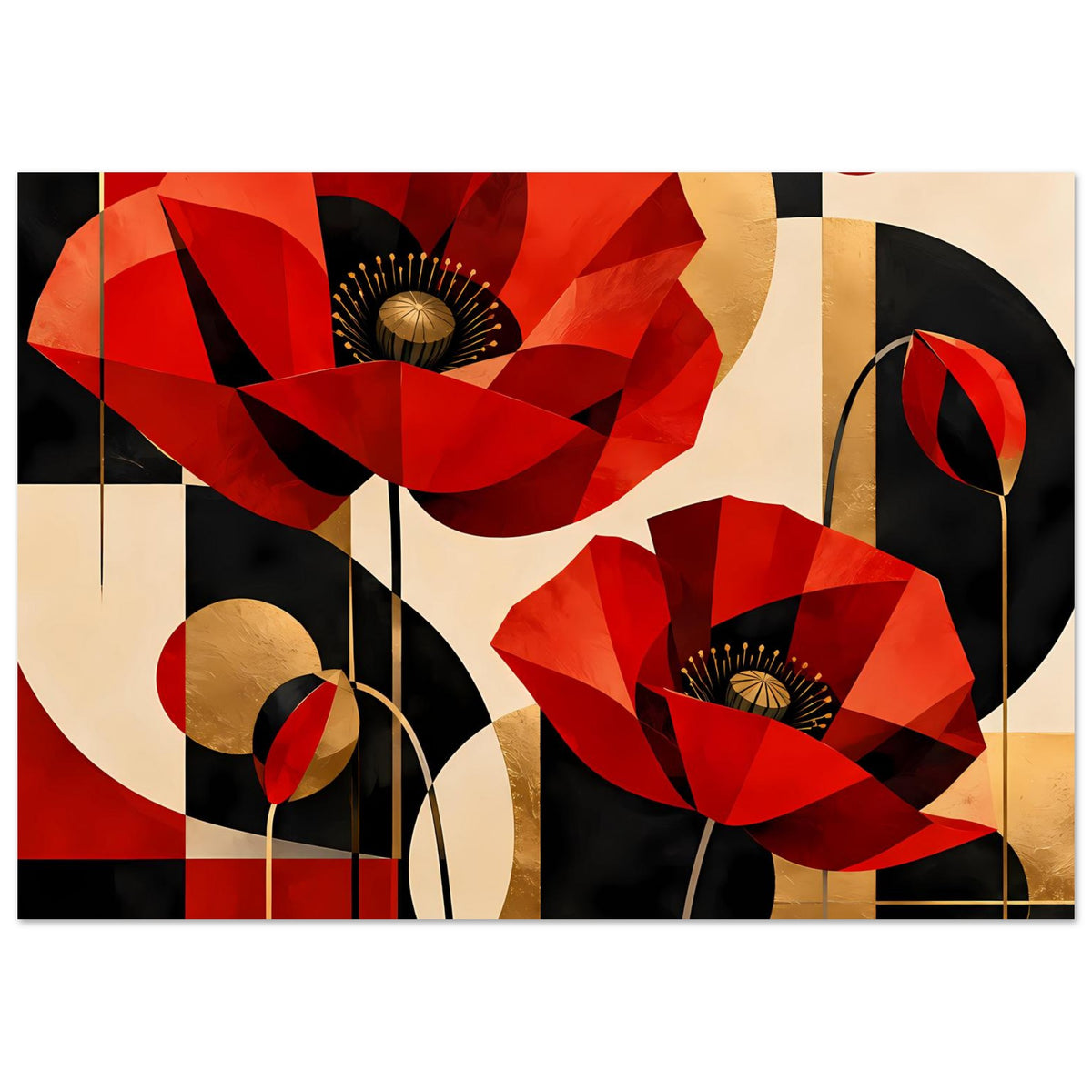 Kunstposter mit abstrakten roten Mohnblumen, goldenen Akzenten und dunklem Kontrast