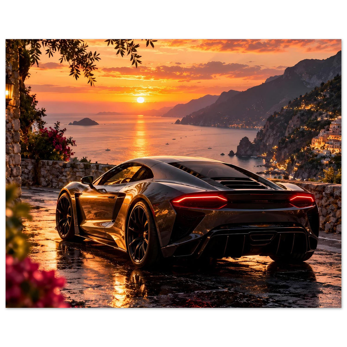 Luxus-Sportwagen-Sonnenuntergangs-Poster, Querformat: Sportwagen 3/4 vorne mit roten Rücklichtern