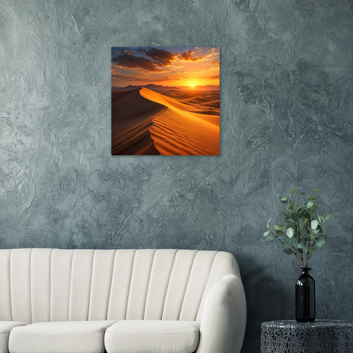 Quadratisches gerahmtes Poster: Wüstenlandschaft mit leuchtender Sonne und Dünenlinien