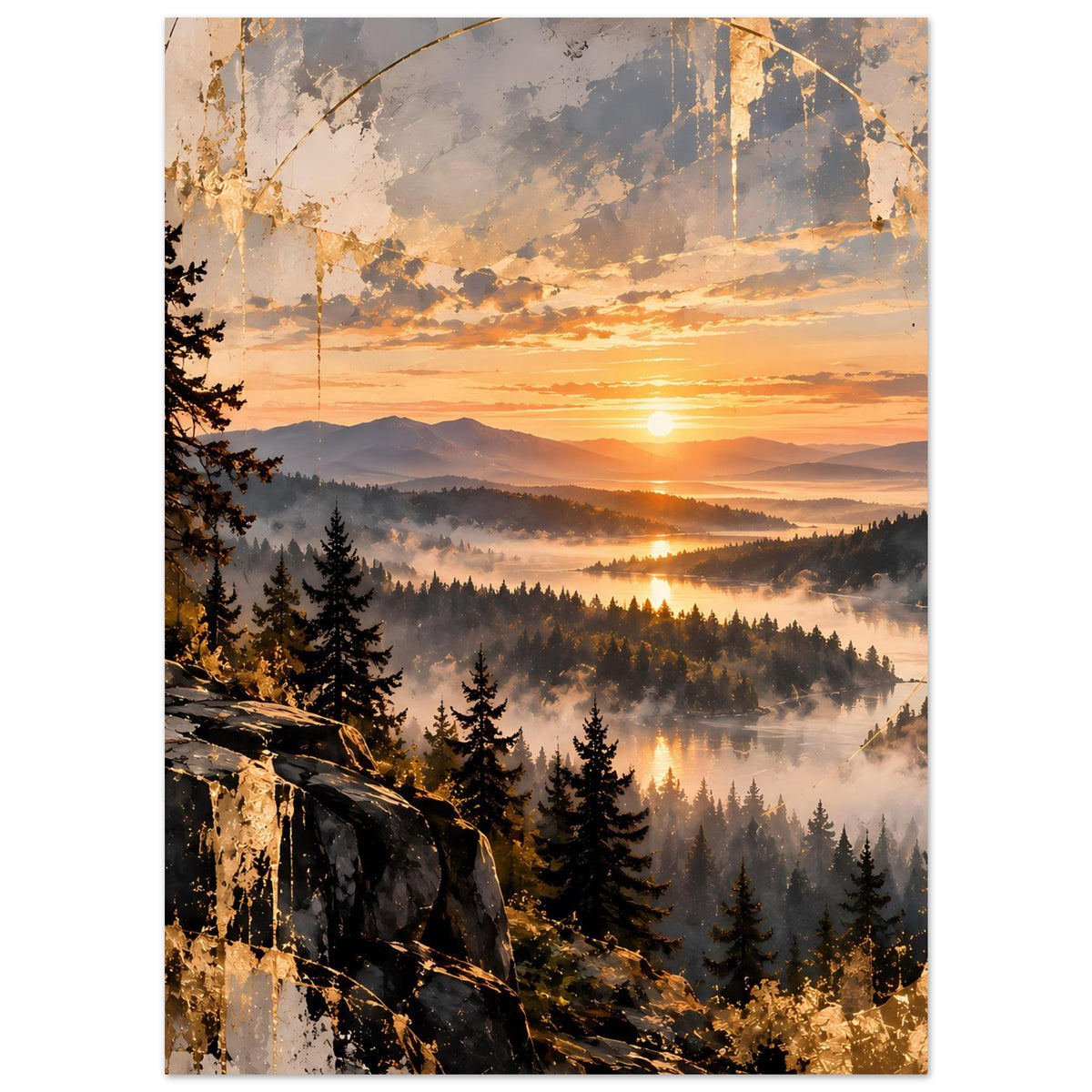 Landschaftsposter im Hochformat mit Sonnenaufgang, Dunst über Tal und Nadelwald