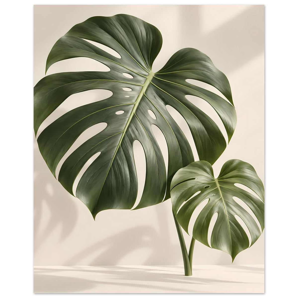 Poster mit Monstera-Blättern: großes Blatt links, kleineres Blatt rechts vor hellem Hintergrund