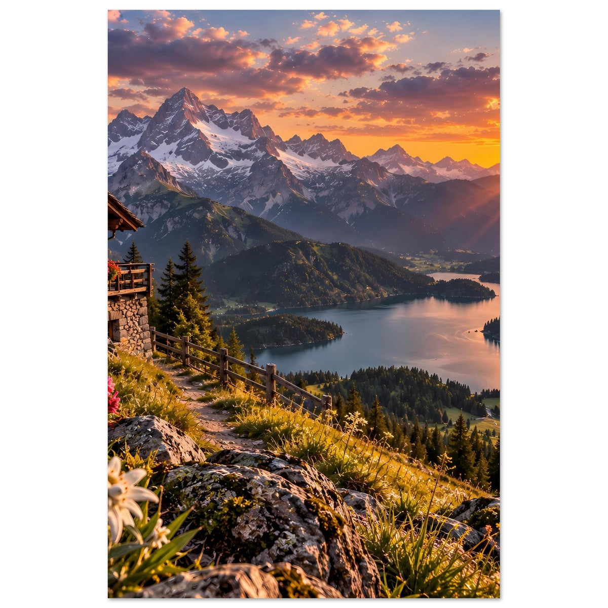 Poster mit Bergsee im Abendlicht, scharfer Felsweg, Tannen und entfernte Gipfel