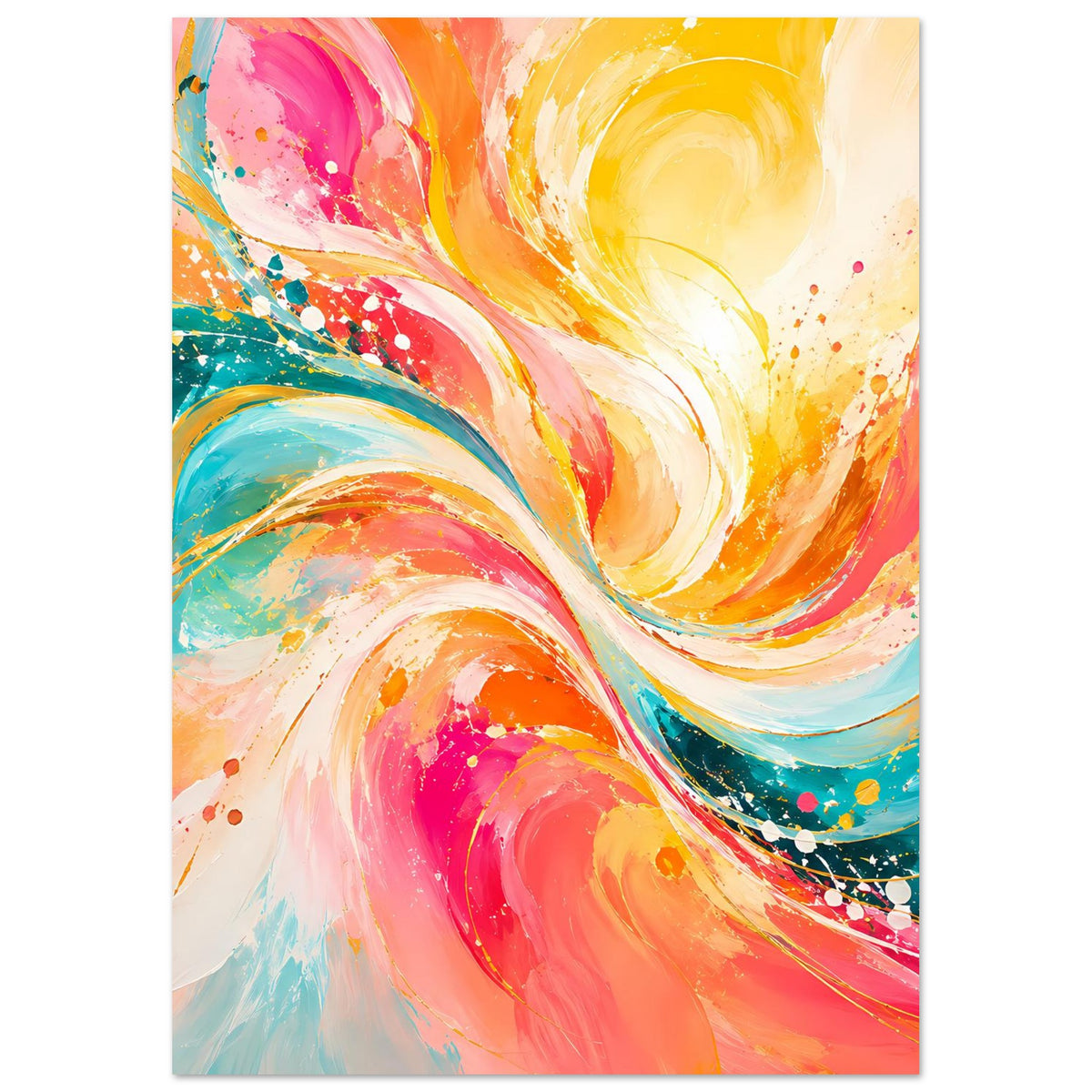 Abstraktes Energie-Poster hochkant mit intensivem Farbverlauf und Spritzmustern in Rosa und Türkis
