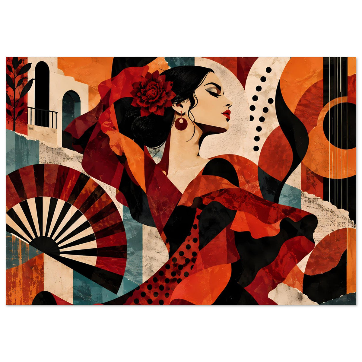 Flamenco-Tanzposter im Querformat: Tänzerin, Fächer links, rot-schwarze geometrische Details