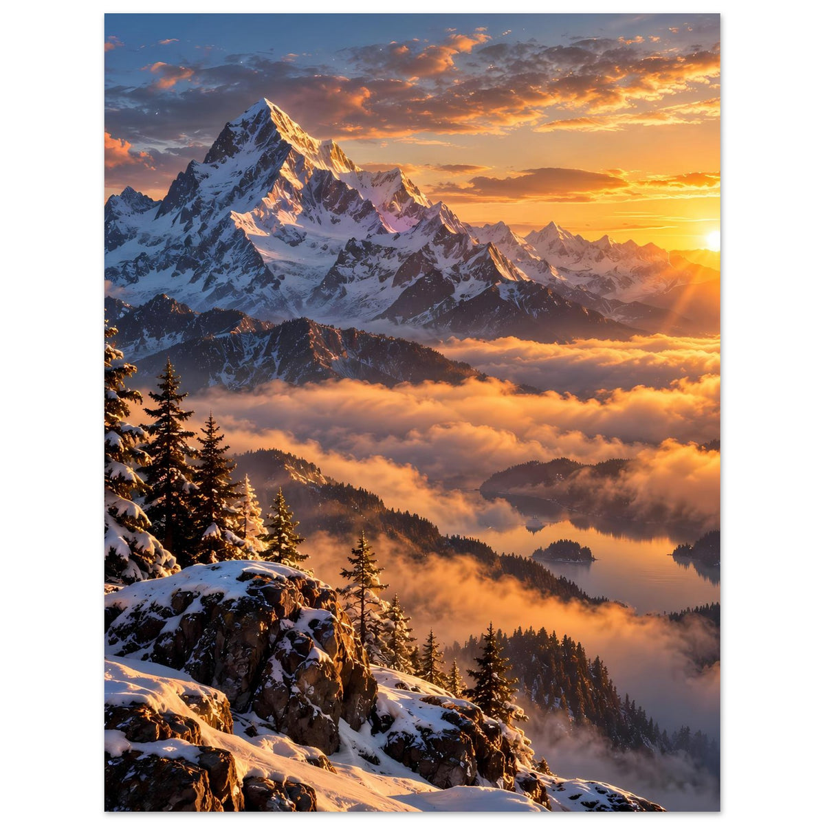 Poster im Hochformat: verschneite Bergkuppe, Nadelwälder und goldener Sonnenaufgang über Wolken