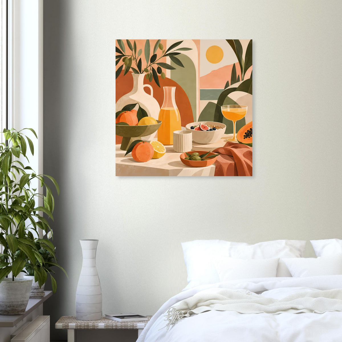 Stillleben-Poster mit Vase, Obstschalen und Olivblättern in warmen, erdigen Farben