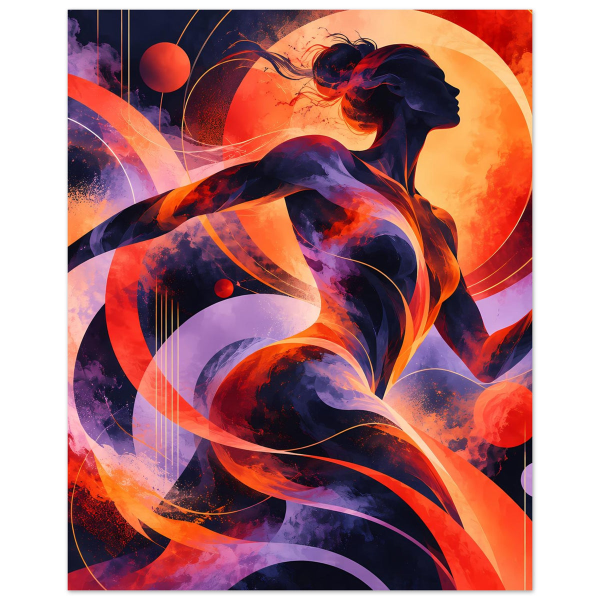 Poster mit abstrakter Frau im Profil, dynamische Kurven in Rot-Orange und Blau-Violett