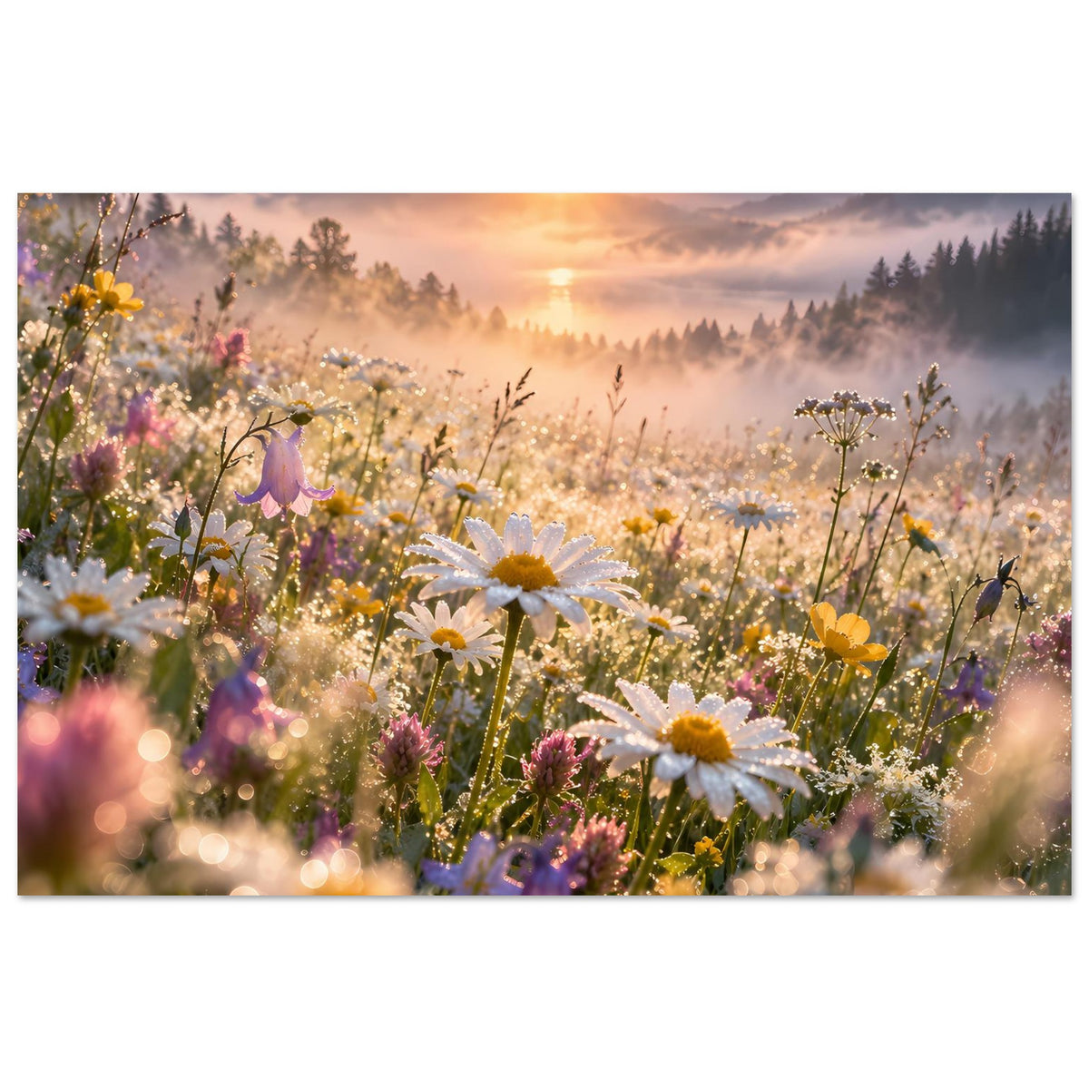 Wandposter mit bunten Wiesenblumen im Sonnenaufgang, gelbe Blüten, Landschaft mit Nebel