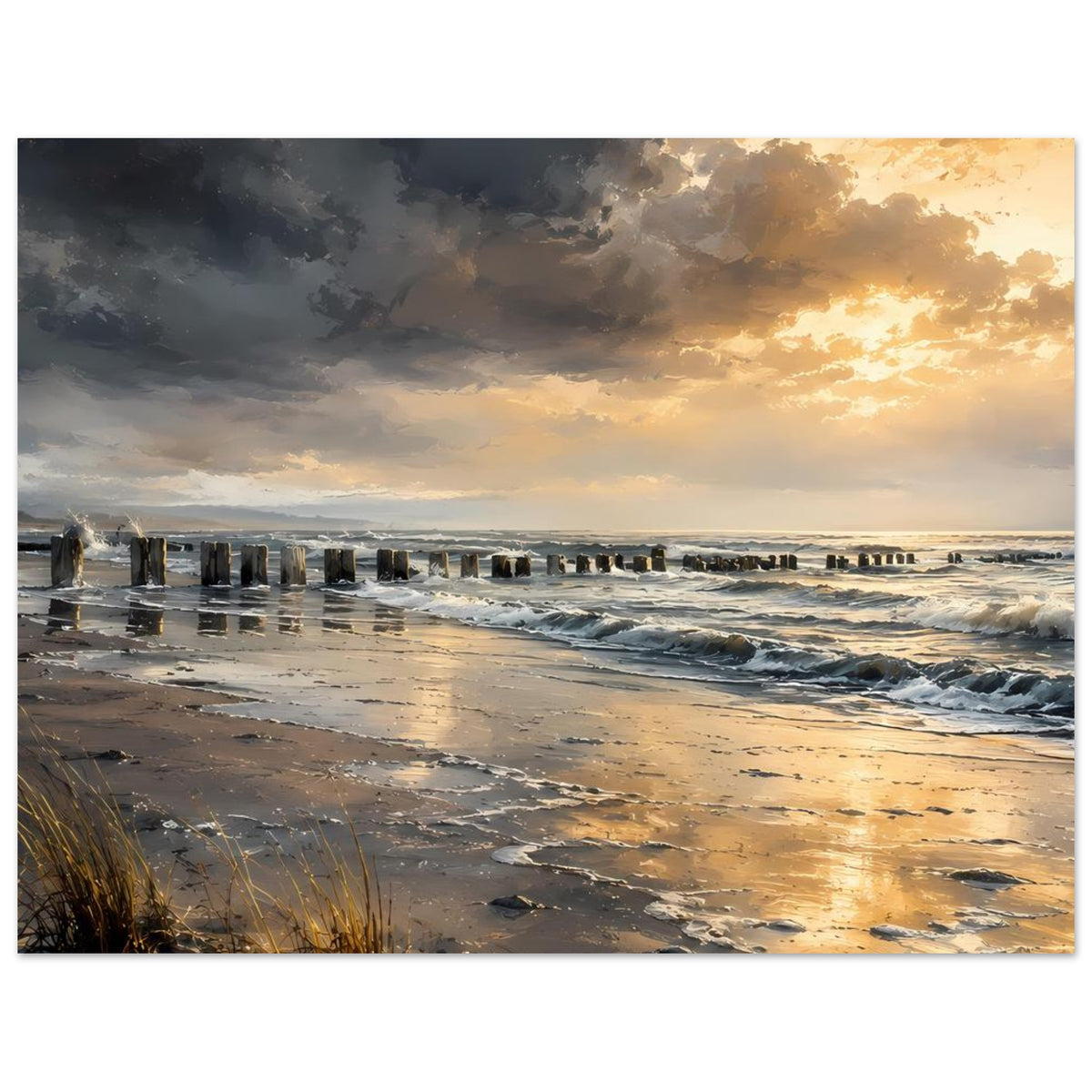 Horizontales Poster: Küste bei Sonnenuntergang, Wellenkamm, Holzpfähle und goldenes Licht