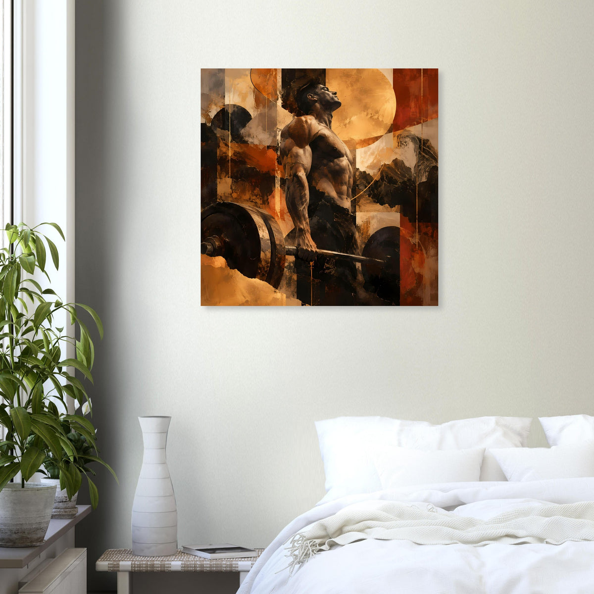 Fitnesskunst-Poster mit Hantel und Figur in warmem Orange-Braun, zentral an der Wand