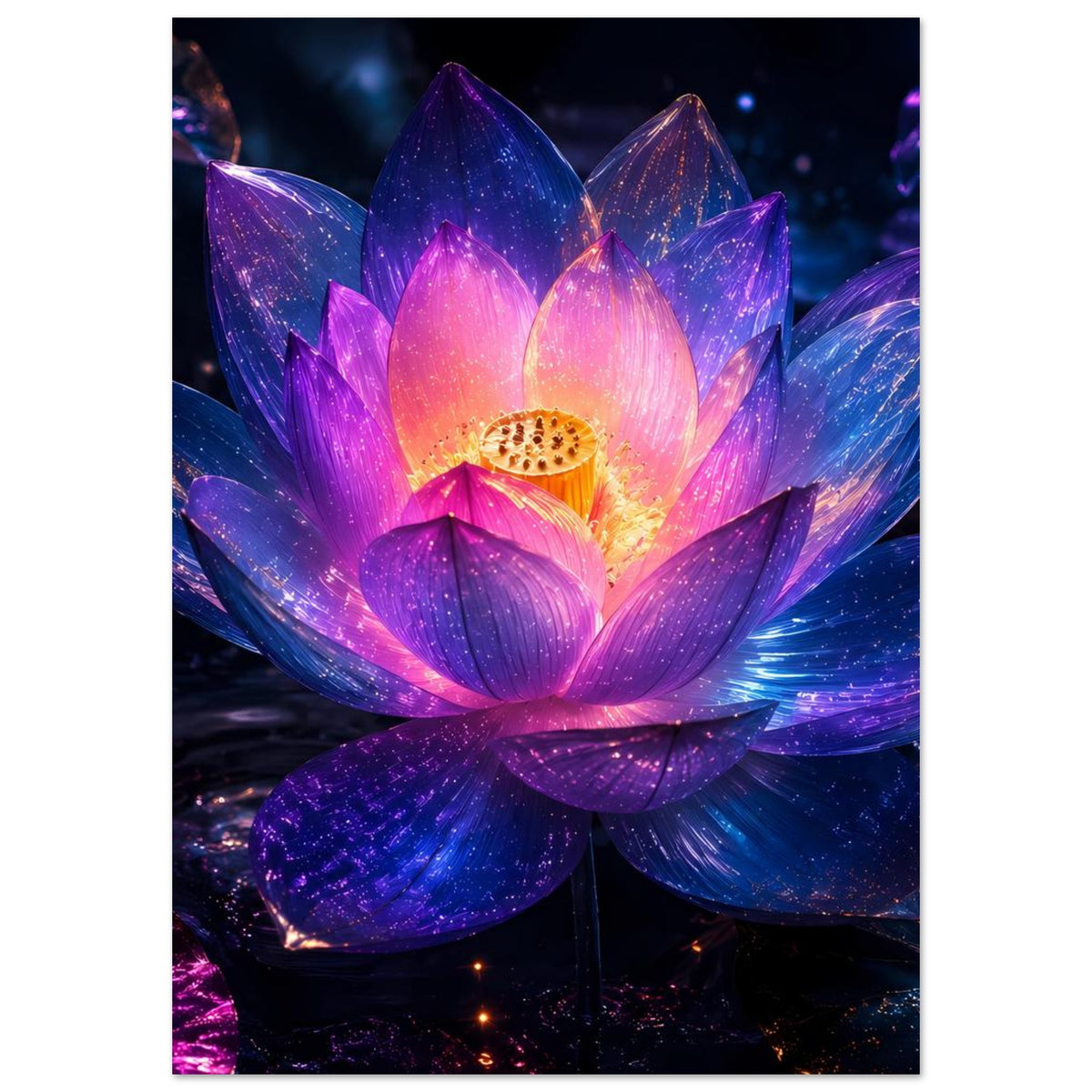 Vertikales Poster mit leuchtender Lotusblüte, violette und blaue Blütenblätter