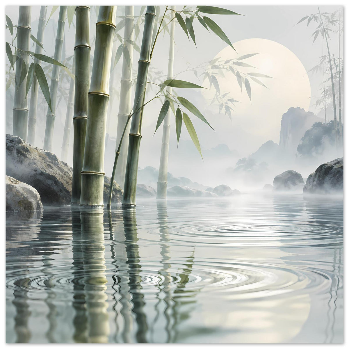 Bambus-Reflexionsposter mit Schilfrohrstämmen, ruhigem Wasser und hellem Mond